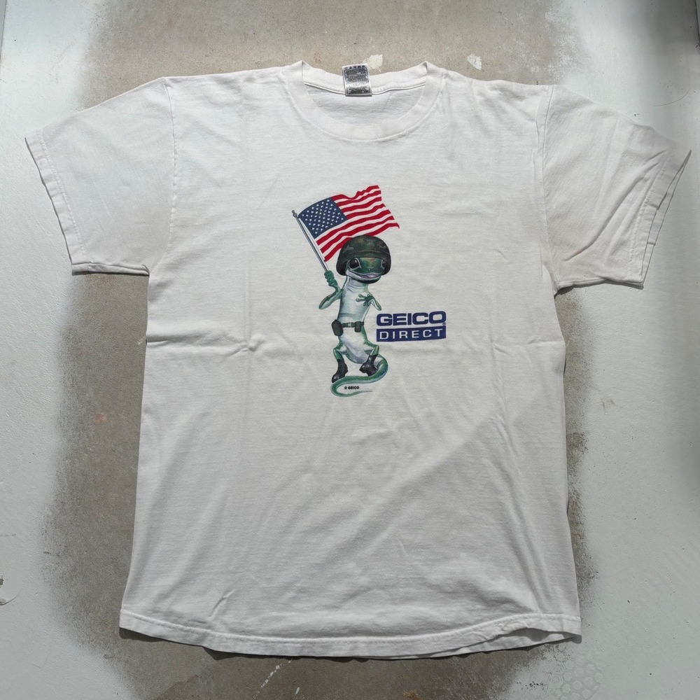 Vintage Geico Direct Gecko American Flag Military T-Shirt White Large Mens
